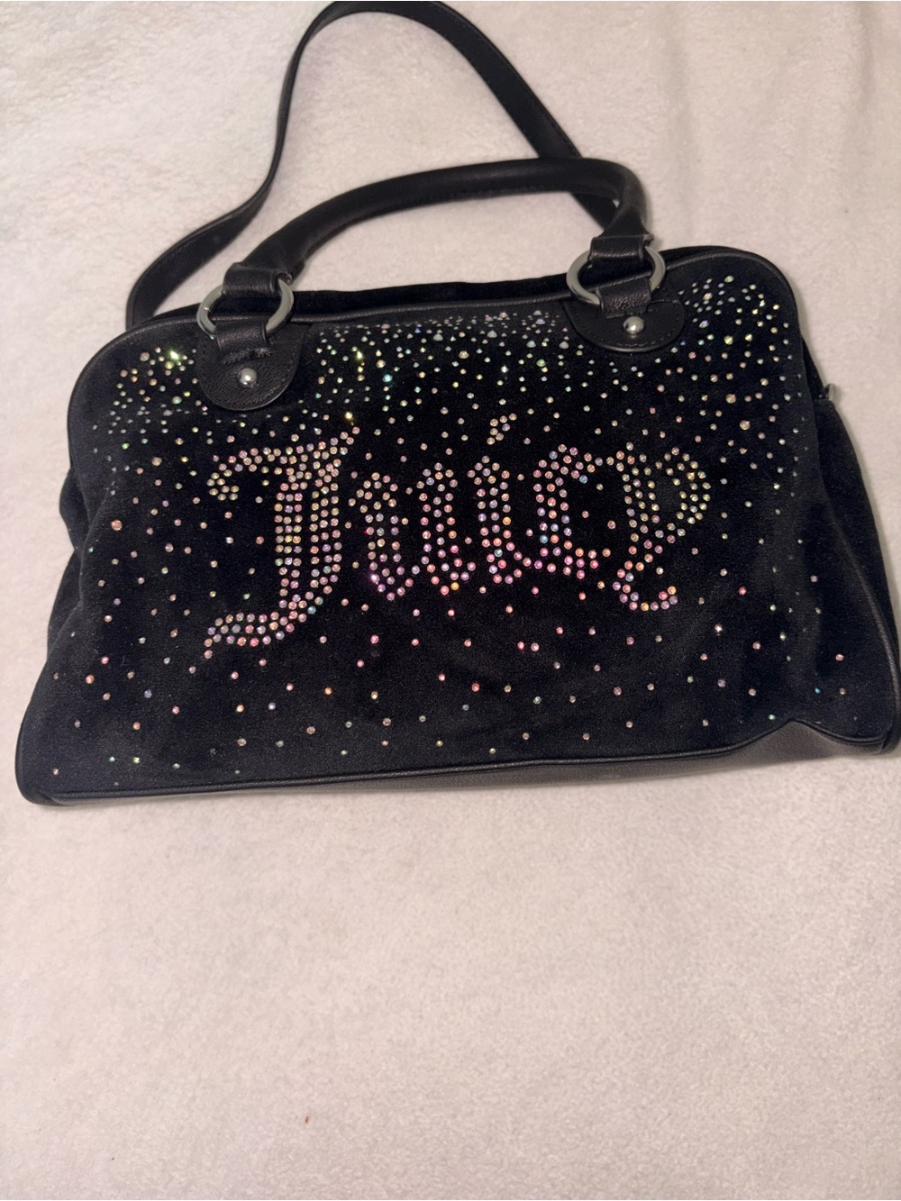 Juicy Couture Black Velvet Rhinestone Logo Shoulder Bag